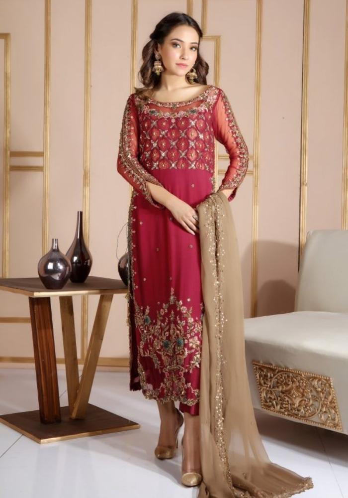 Embroidered Maroon Raw Silk Suit 001 Embroidered Maroon Raw Silk Suit