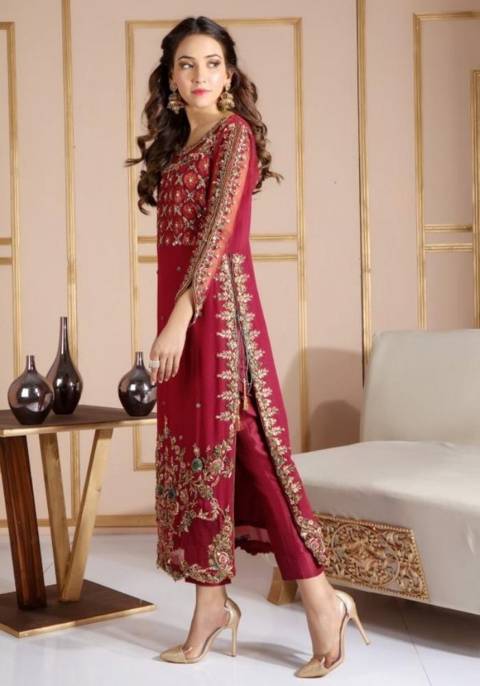 Embroidered Maroon Raw Silk Suit 002