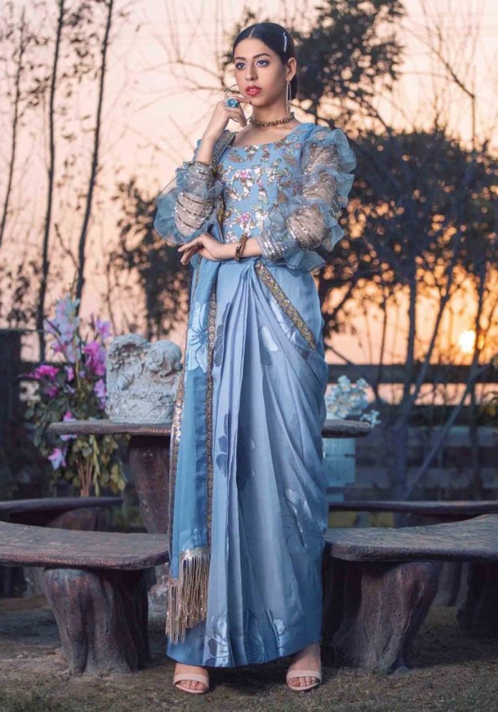 Embroidered Blue Satin Saree 001 Embroidered Blue Satin Saree