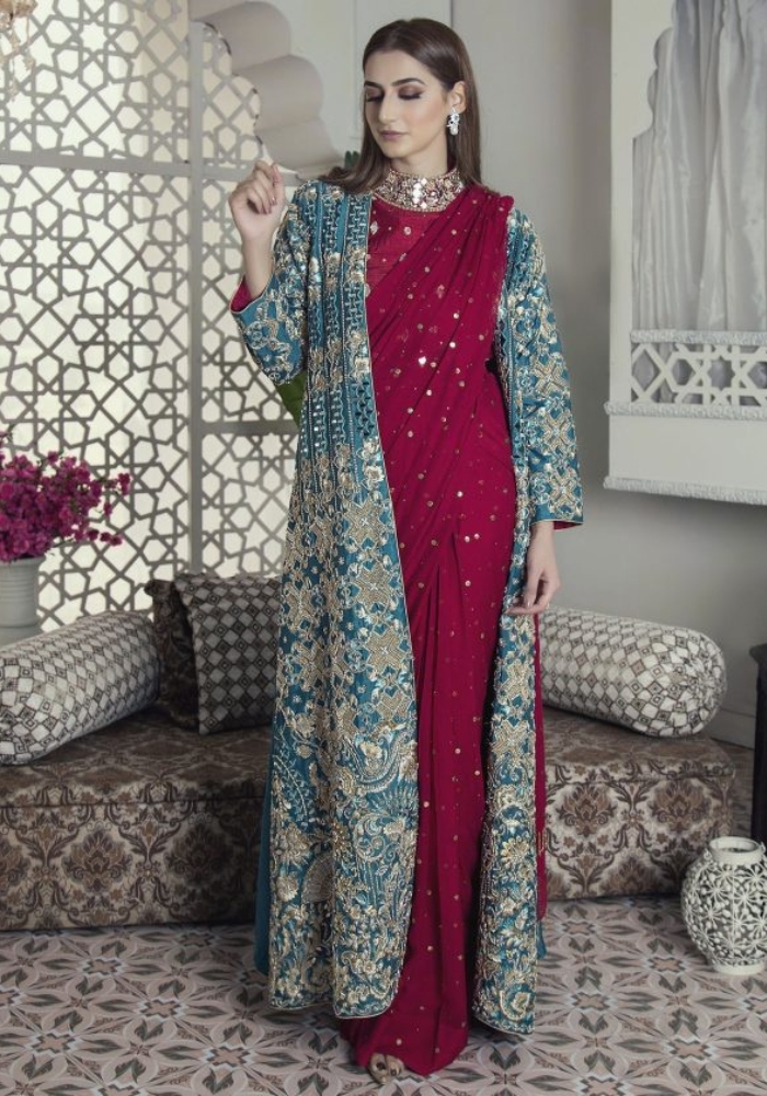 Classic Cherry Red Embroidered Saree 002