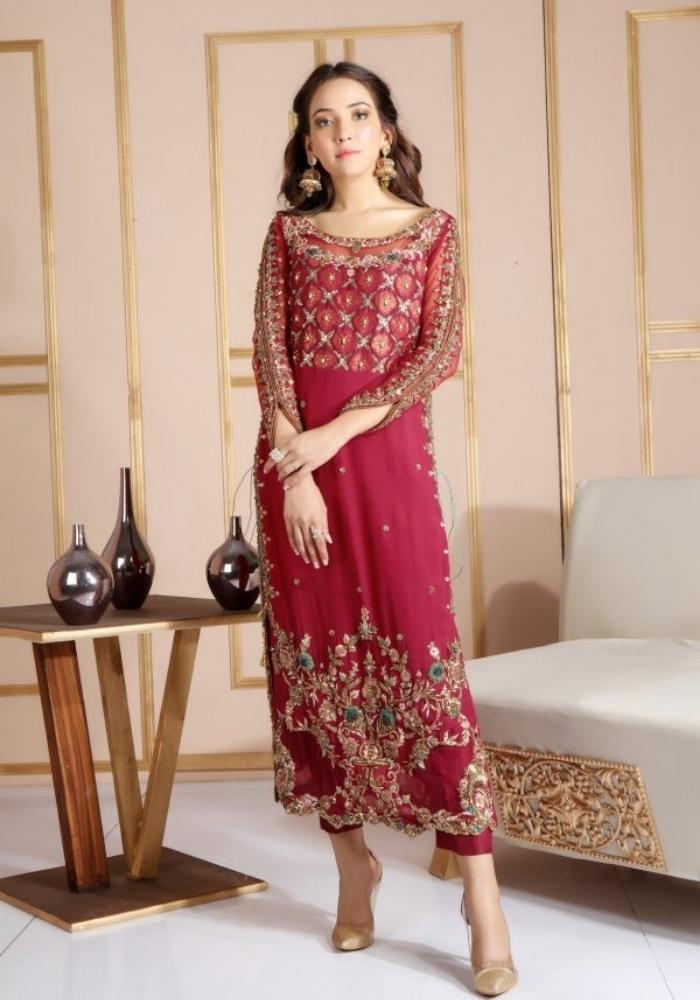 Embroidered Maroon Raw Silk Suit 004