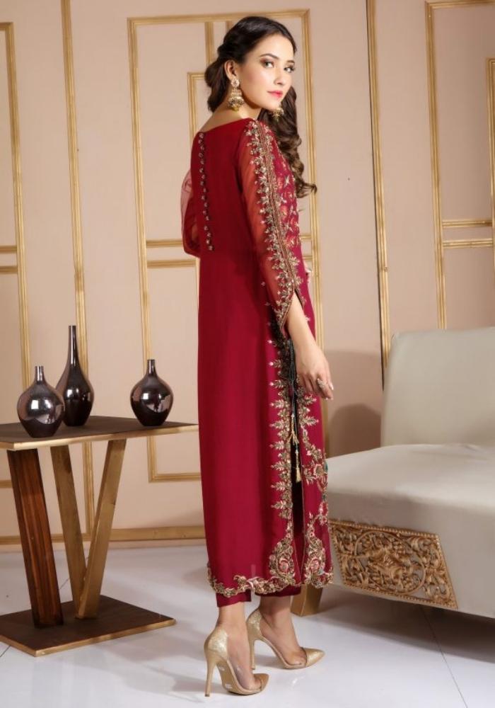 Embroidered Maroon Raw Silk Suit 003