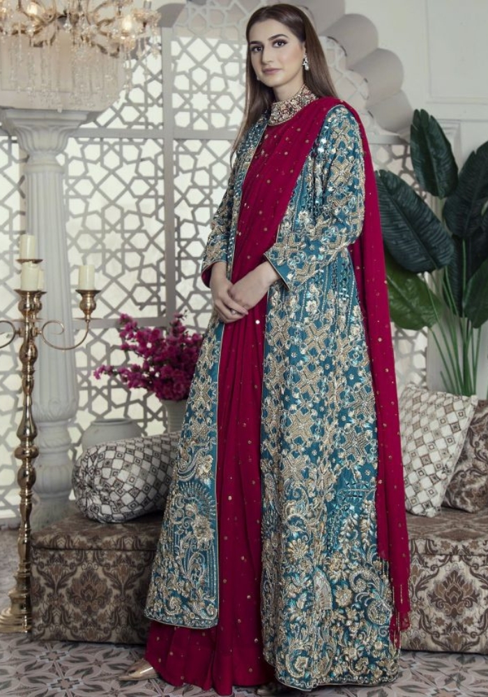 Classic Cherry Red Embroidered Saree 001