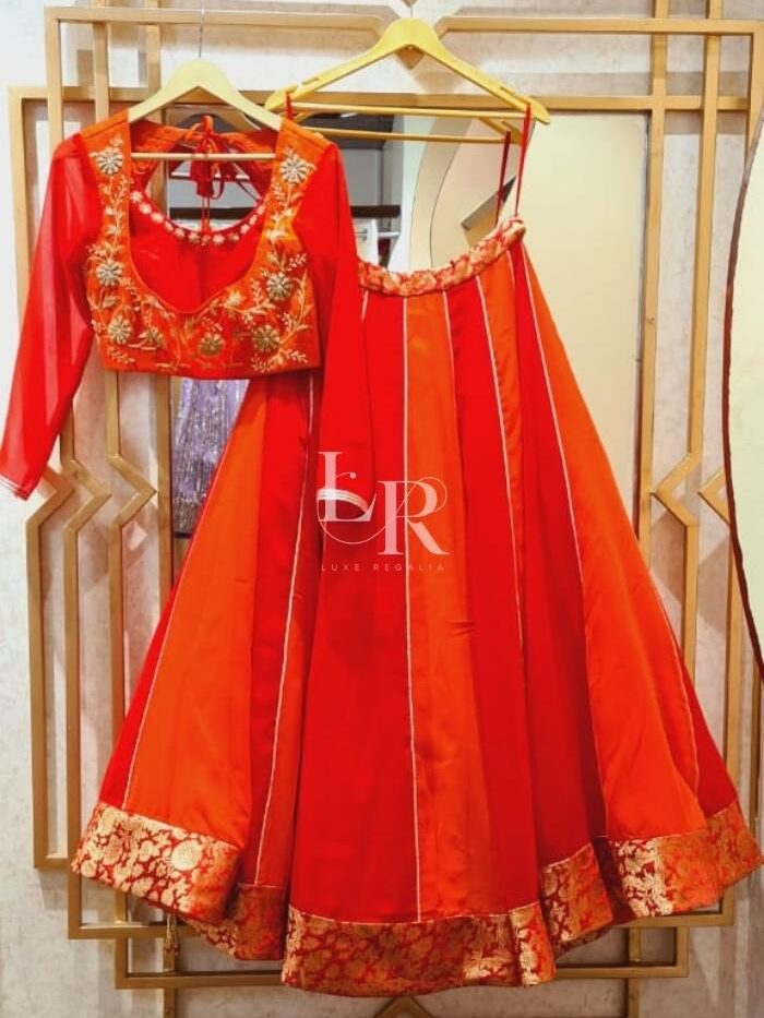 Embroidered Orange Silk Party Wear Lehenga