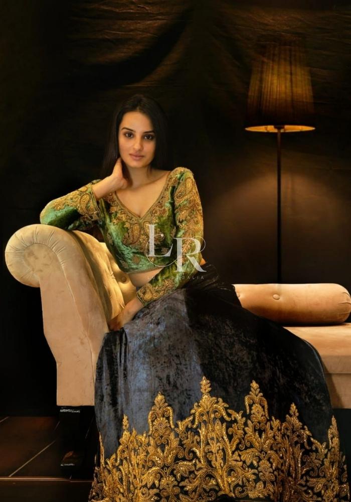 Designer Green & Navy Blue Lehenga Choli 001 Designer Green & Navy Blue Velvet Lehenga Choli