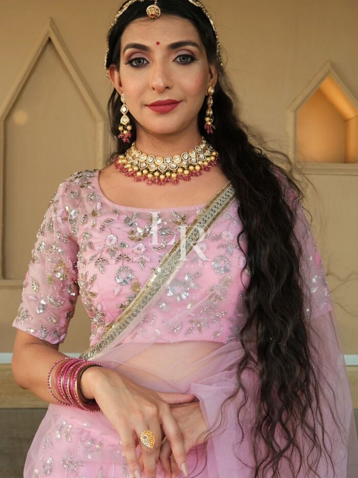 Pastel Pink Flower Vine Embroidered Lehenga Choli