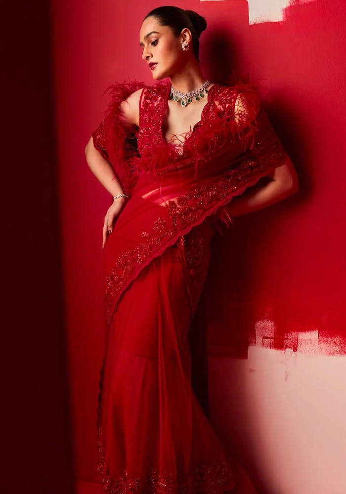 Embroidered Red Draped Saree 02