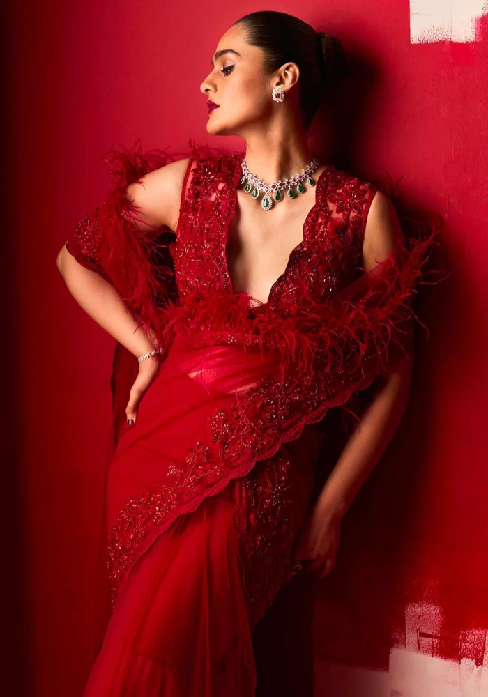 Embroidered Red Draped Saree 03 Embroidered Red Draped Saree