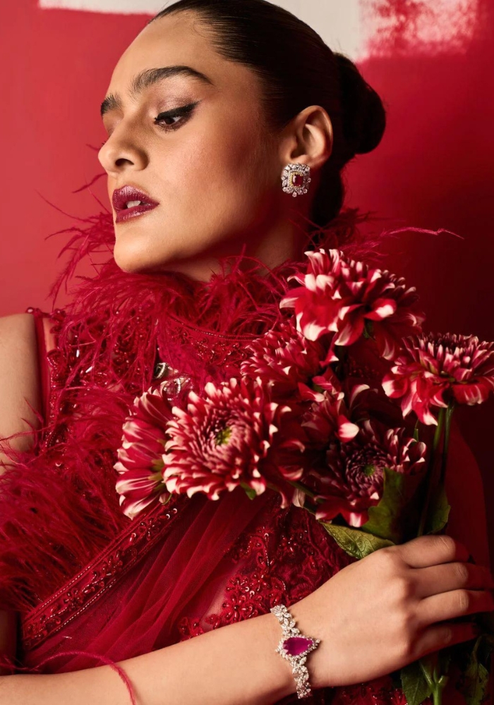 Embroidered Red Draped Saree 04