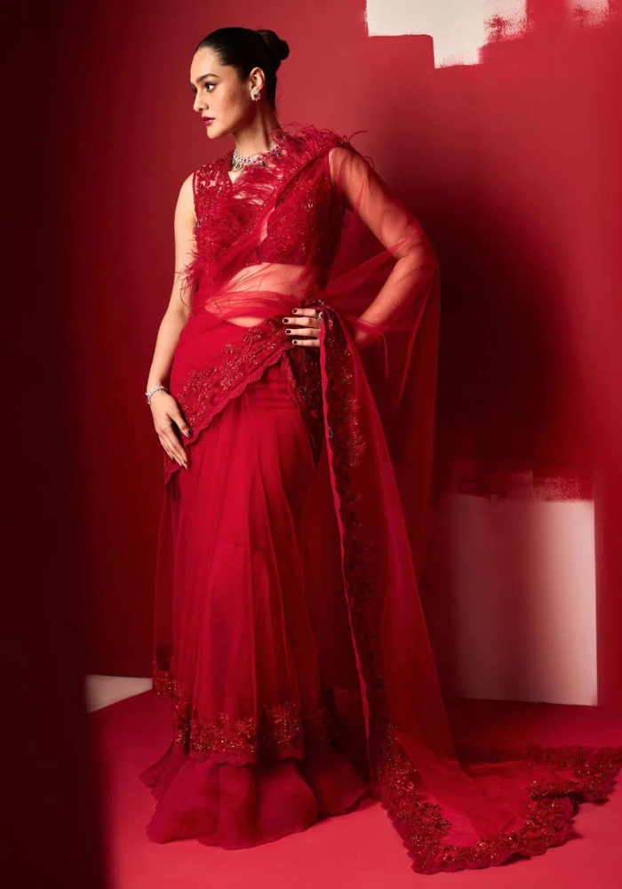 Embroidered Red Draped Saree 001