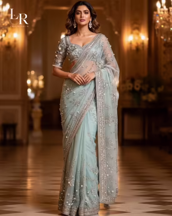 Luxury Mint Blue Pearl Embroidered Saree