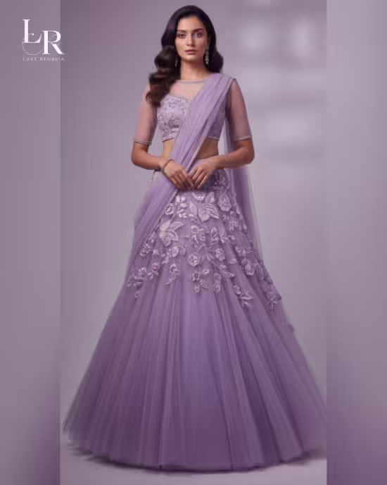 Misty Lavender 3D Floral Embroidered Net Lehenga Choli