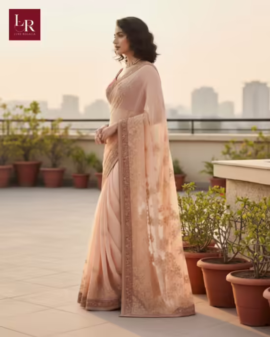 Serene Peach Embroidered Georgette Saree with Maroon Blouse