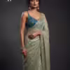 Artisanal Sage Green Embroidered Saree with Teal Blue Blouse