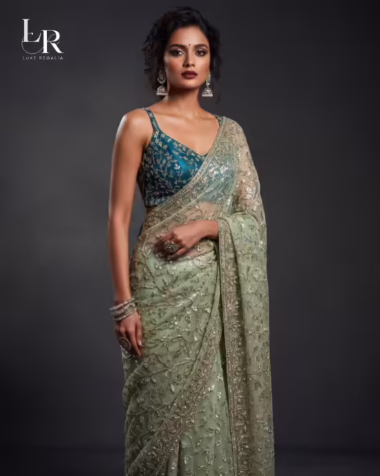Artisanal Sage Green Embroidered Saree with Teal Blue Blouse