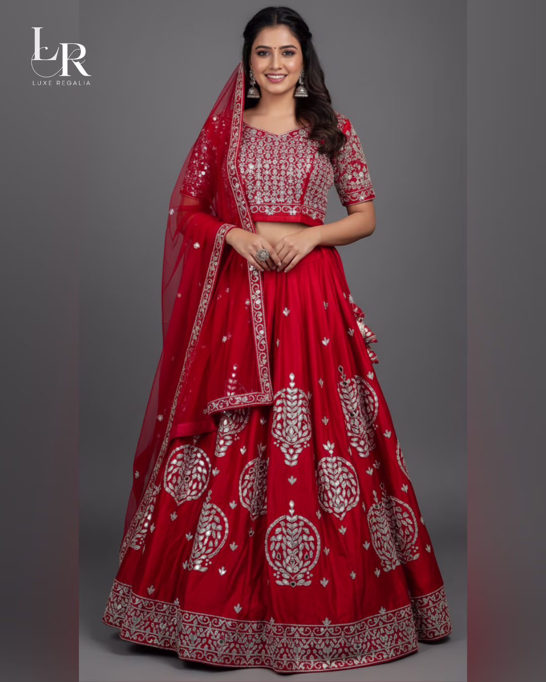 Exquisite Red Silk Lehenga Choli with Silver Mirror Work 02