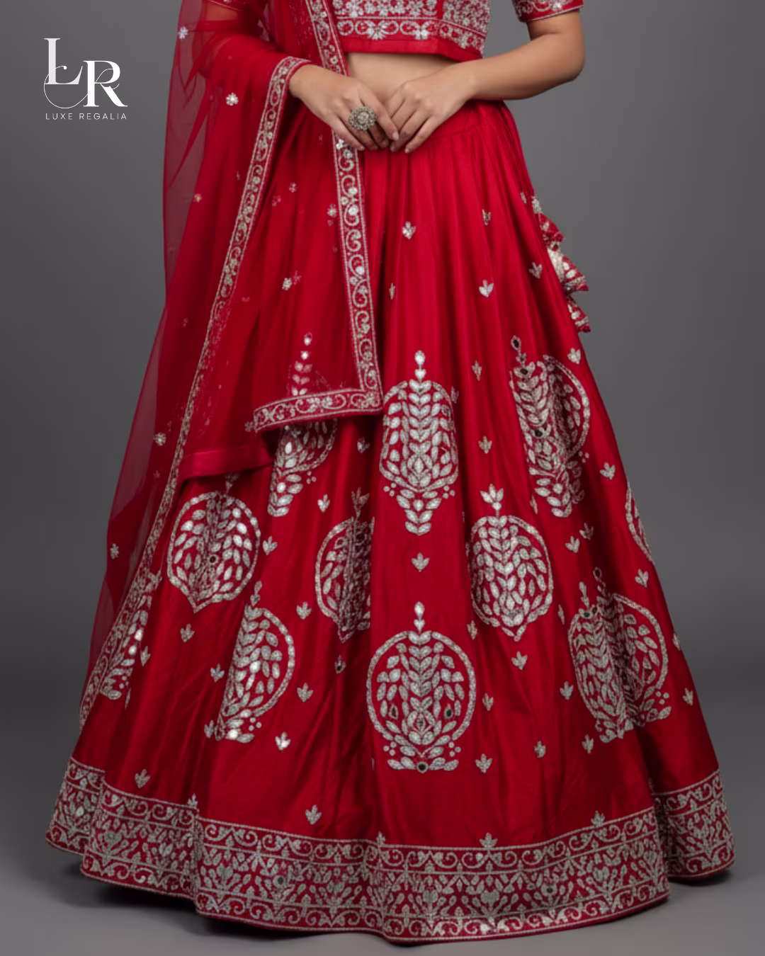 Exquisite Red Silk Lehenga Choli with Silver Mirror Work 05