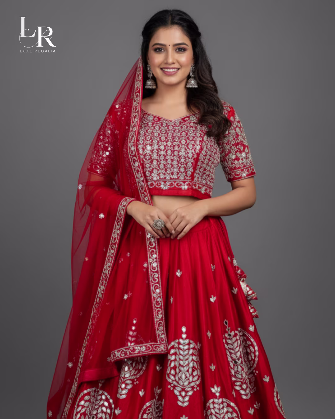Exquisite Red Silk Lehenga Choli with Silver Mirror Work 04