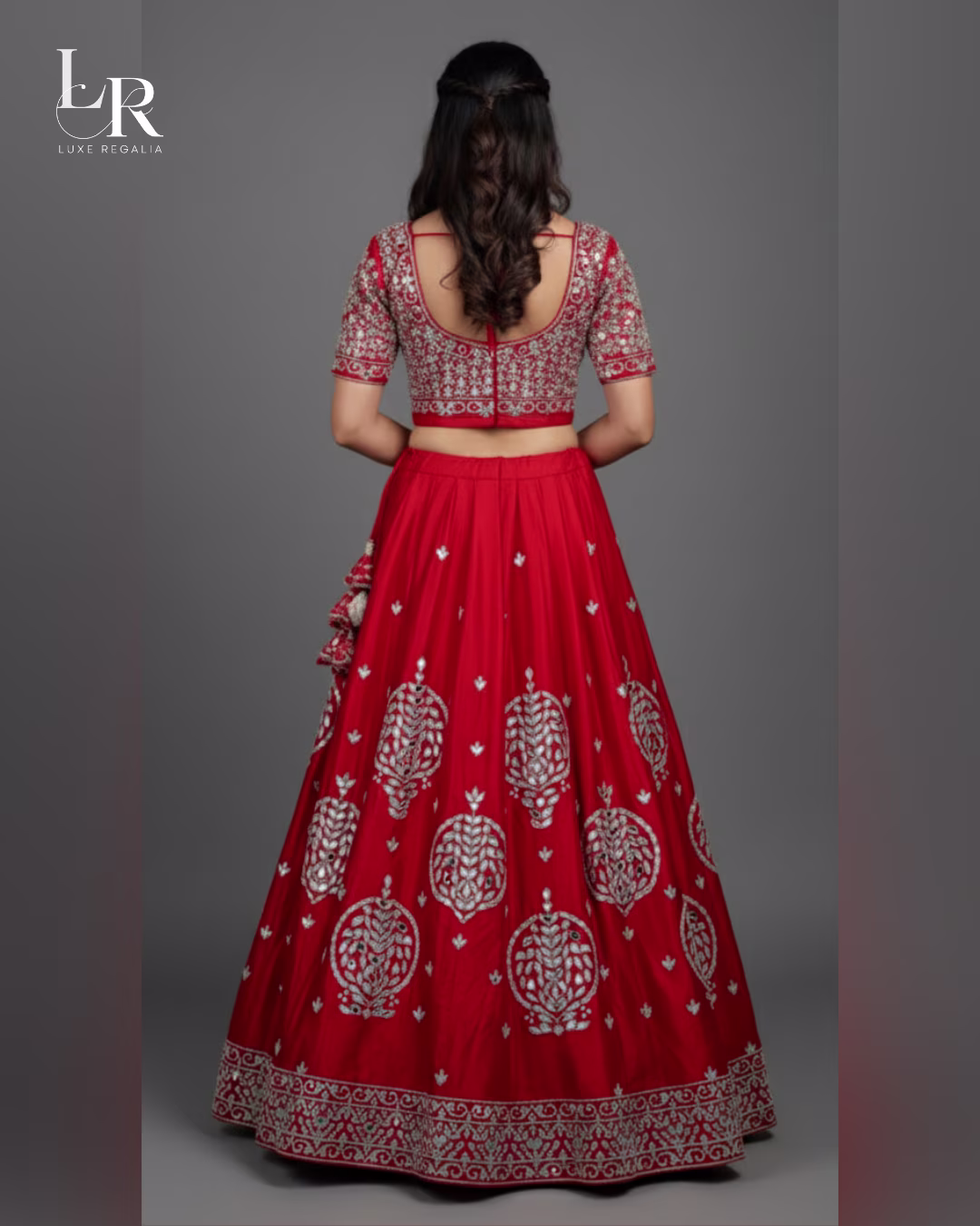 Exquisite Red Silk Lehenga Choli with Silver Mirror Work 06