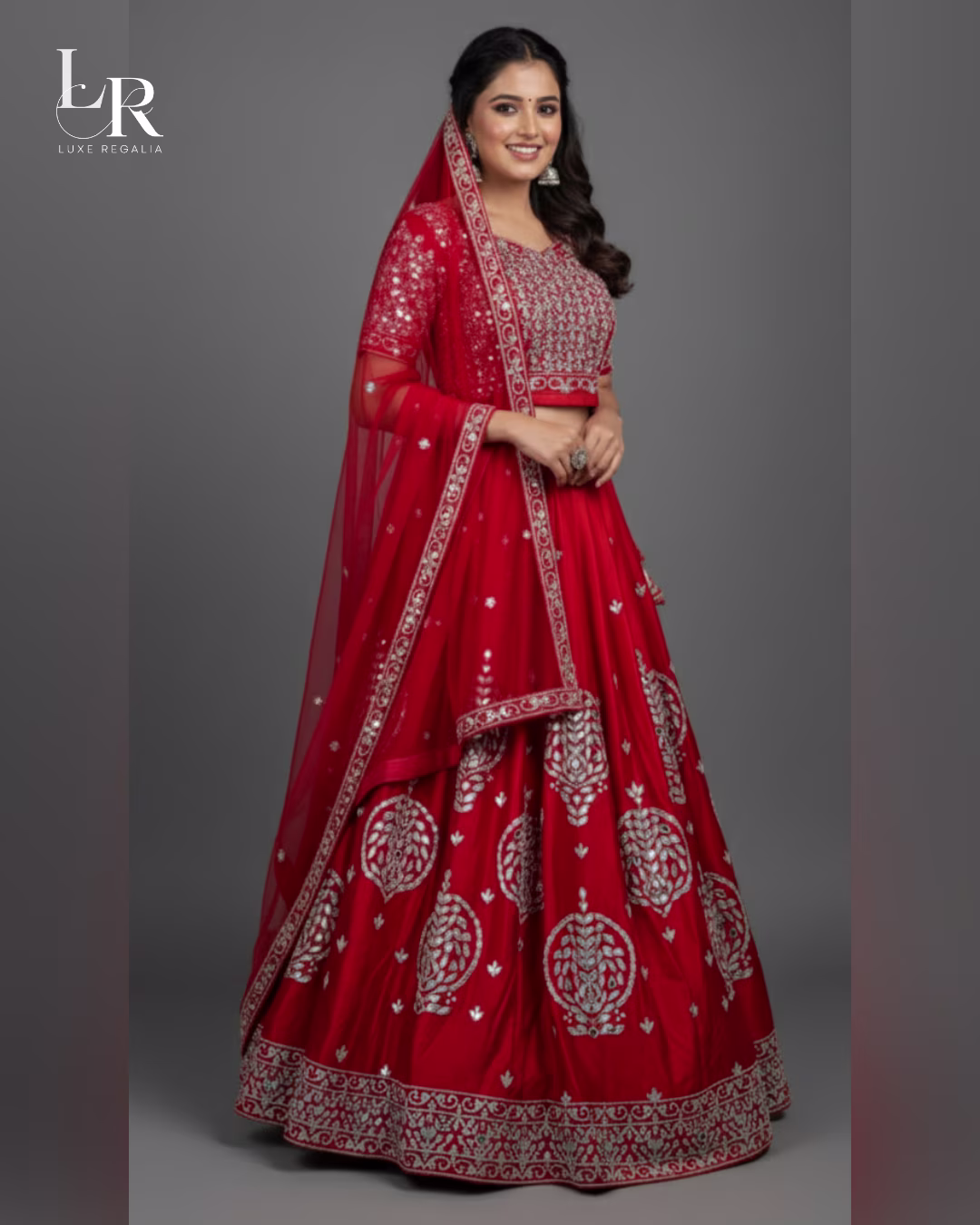 Exquisite Red Silk Lehenga Choli with Silver Mirror Work 01 Exquisite Red Silk Lehenga Choli with Silver Mirror Work