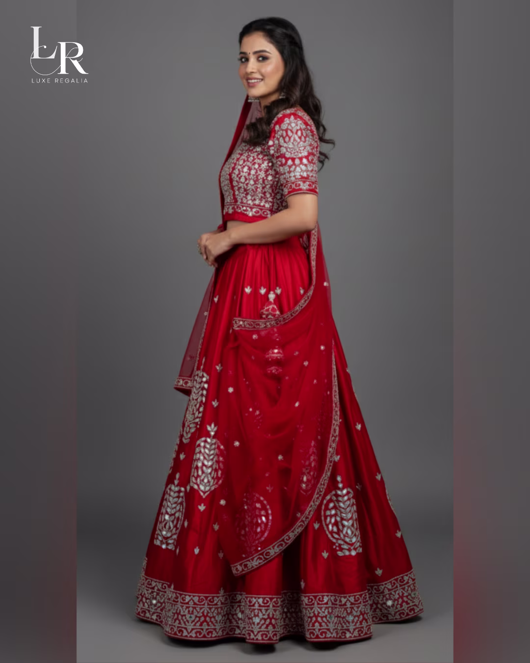 Exquisite Red Silk Lehenga Choli with Silver Mirror Work 03