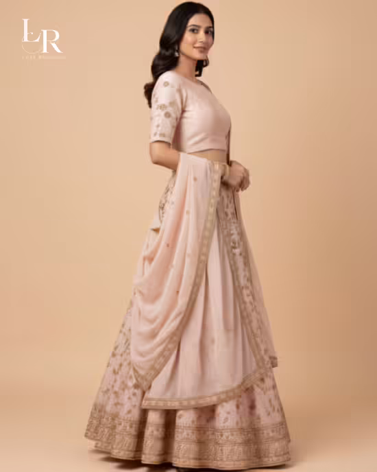 Pastel Pink Silk Lehenga Choli with Antique Gold Embroidery