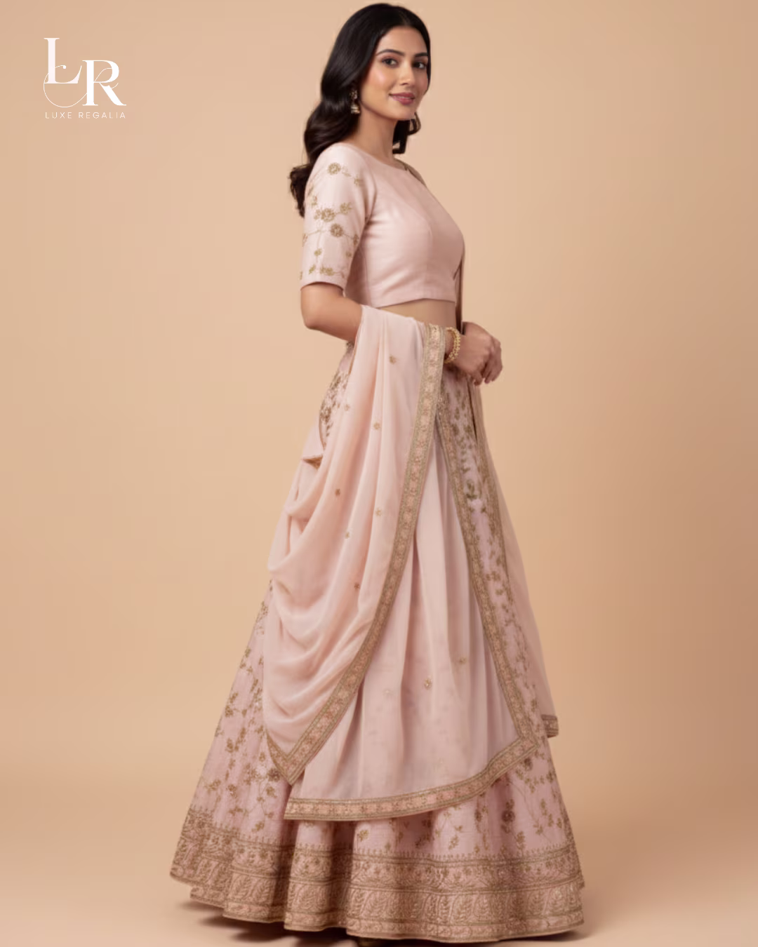 Pastel Pink Silk Lehenga Choli with Antique Gold Embroidery 001 Pastel Pink Silk Lehenga Choli with Antique Gold Embroidery