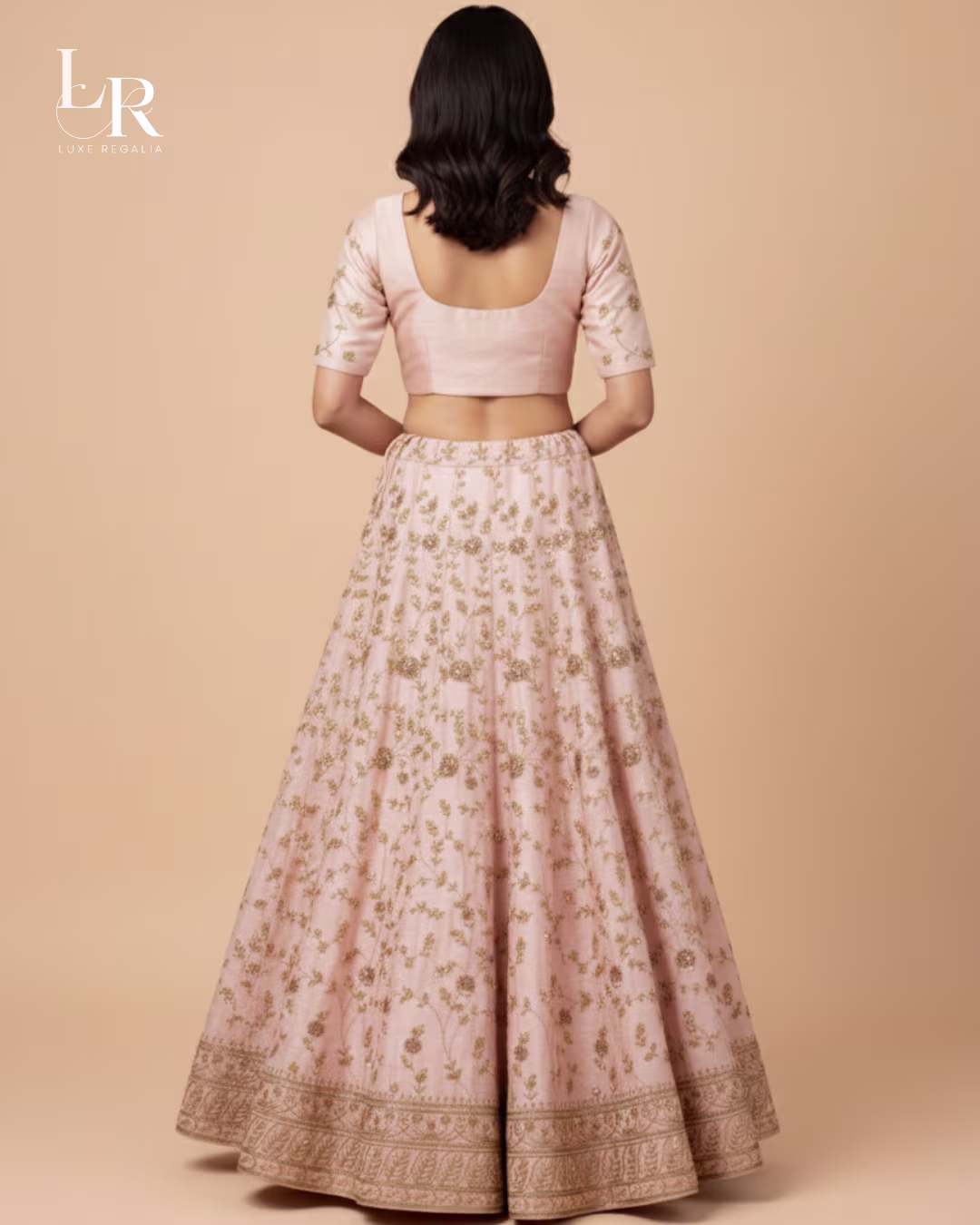 Pastel Pink Silk Lehenga Choli with Antique Gold Embroidery 004