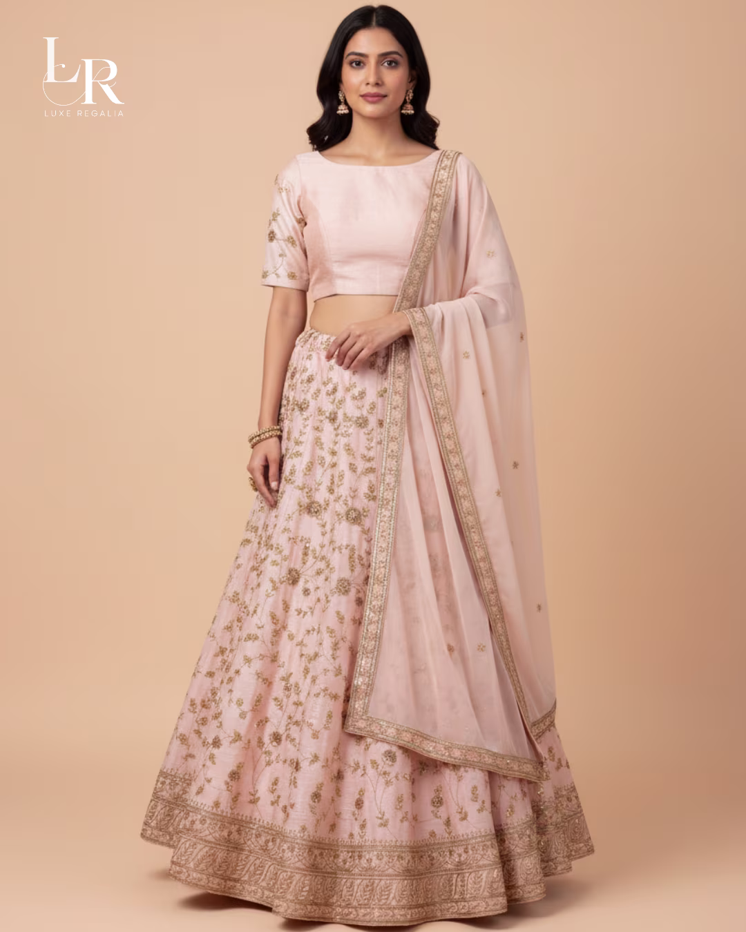Pastel Pink Silk Lehenga Choli with Antique Gold Embroidery 005