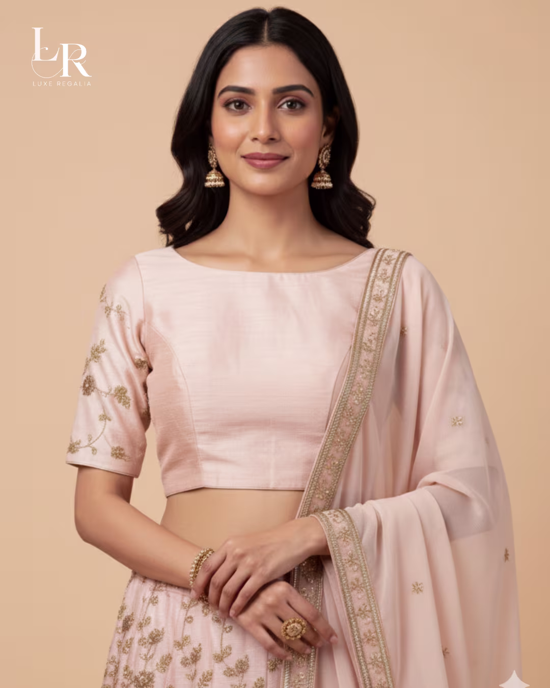 Pastel Pink Silk Lehenga Choli with Antique Gold Embroidery 003