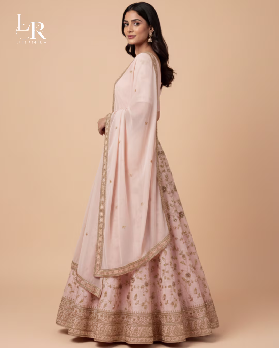 Pastel Pink Silk Lehenga Choli with Antique Gold Embroidery 002