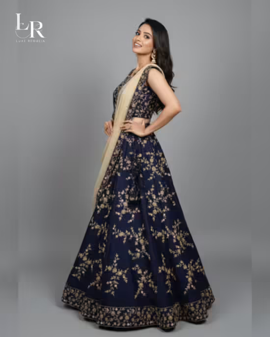 Navy Blue Silk Lehenga Choli with Golden Floral Embroidery