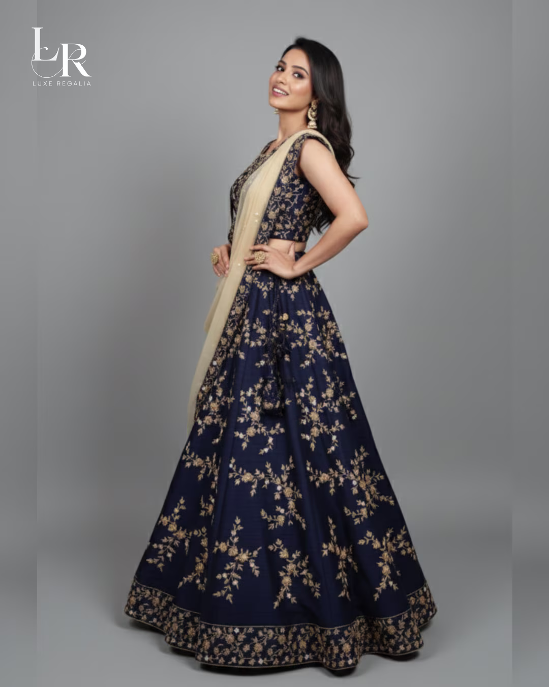 Navy Blue Silk Lehenga Choli with Golden Floral Embroidery 001 Navy Blue Silk Lehenga Choli with Golden Floral Embroidery