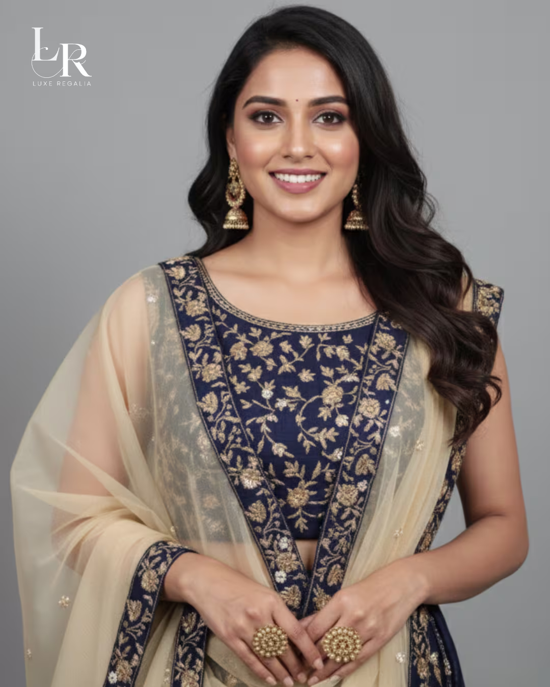 Navy Blue Silk Lehenga Choli with Golden Floral Embroidery 005