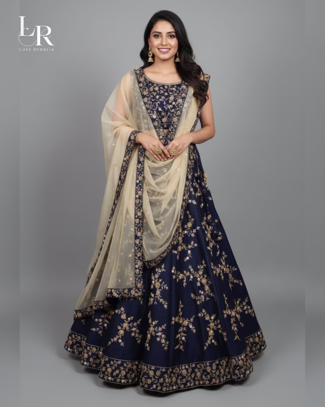 Navy Blue Silk Lehenga Choli with Golden Floral Embroidery 003