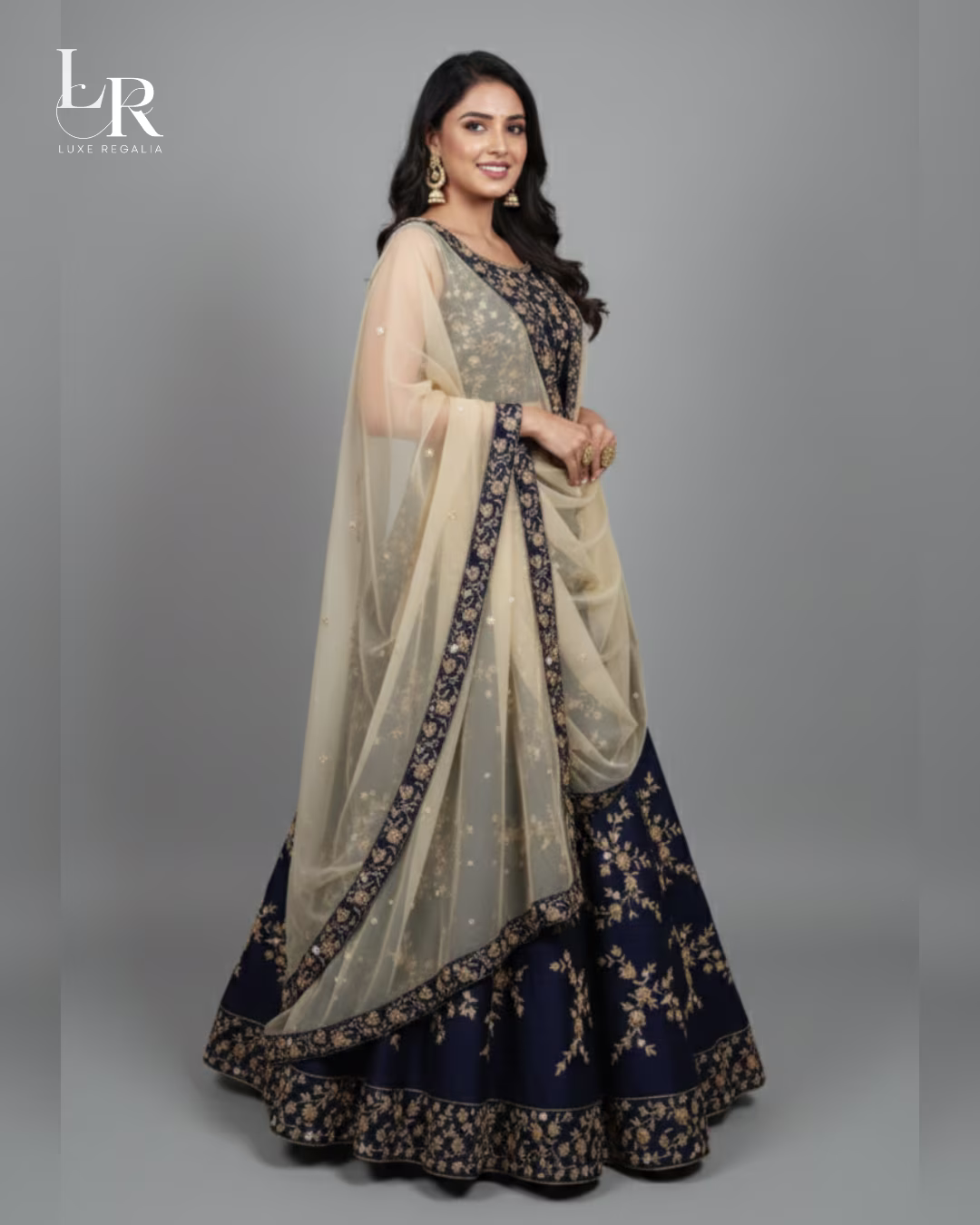 Navy Blue Silk Lehenga Choli with Golden Floral Embroidery 002