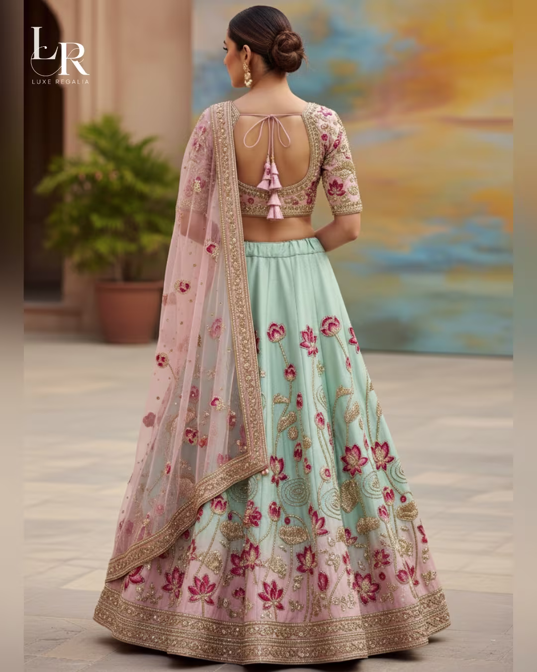 Aqua & Blush Lotus Embroidered Lehenga Choli 003