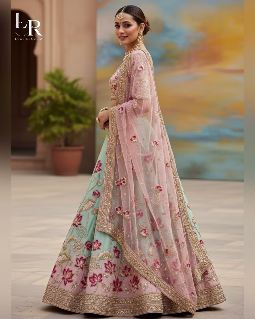 Aqua & Blush Lotus Embroidered Lehenga Choli 005