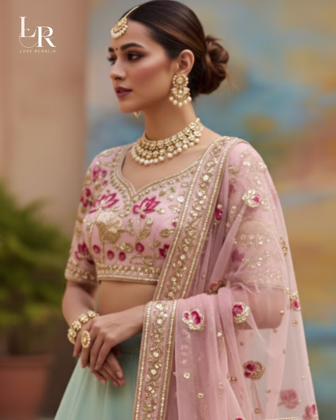 Aqua & Blush Lotus Embroidered Lehenga Choli 006