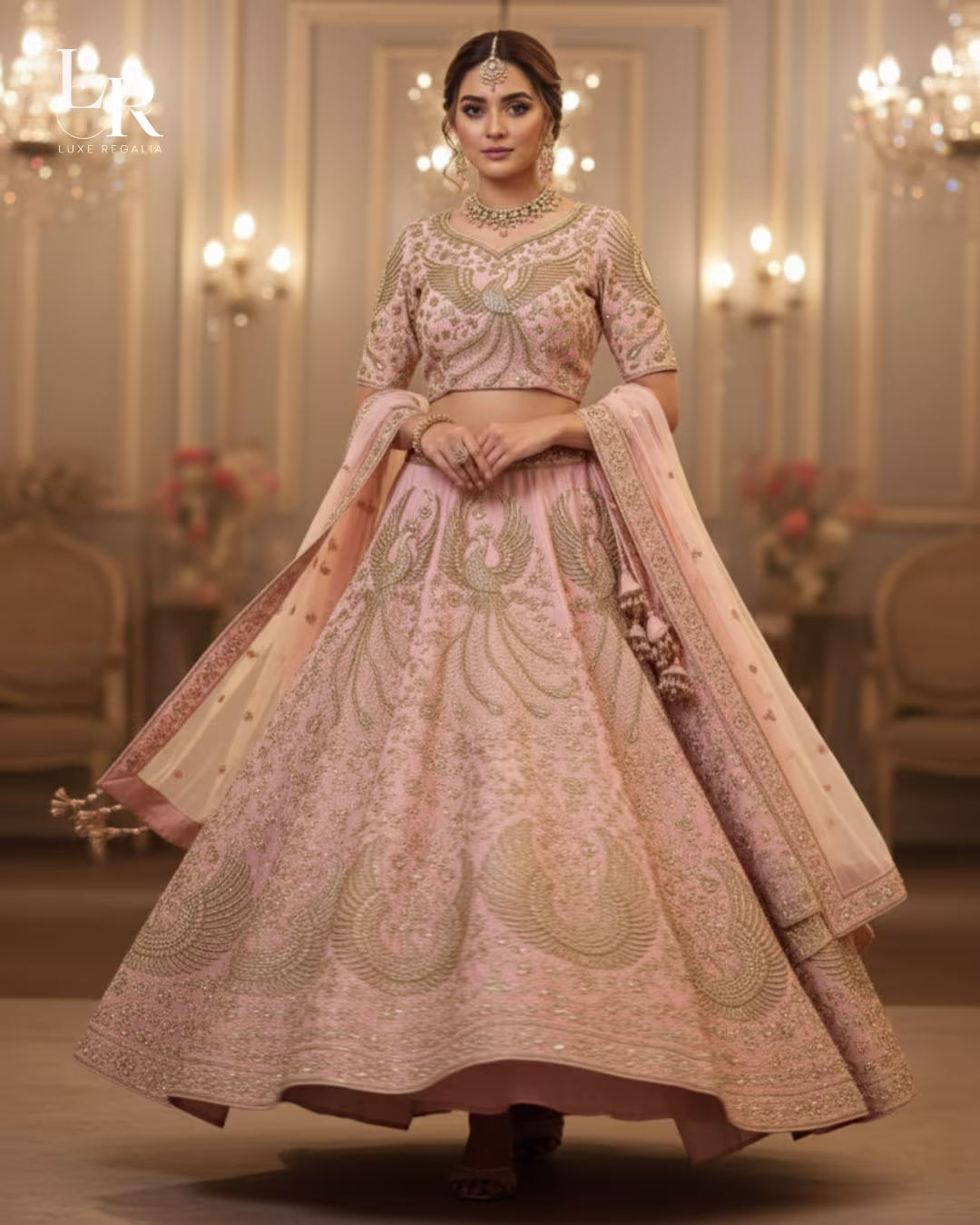 Blush Pink Phoenix & Floral Embroidered Bridal Lehenga Choli 005