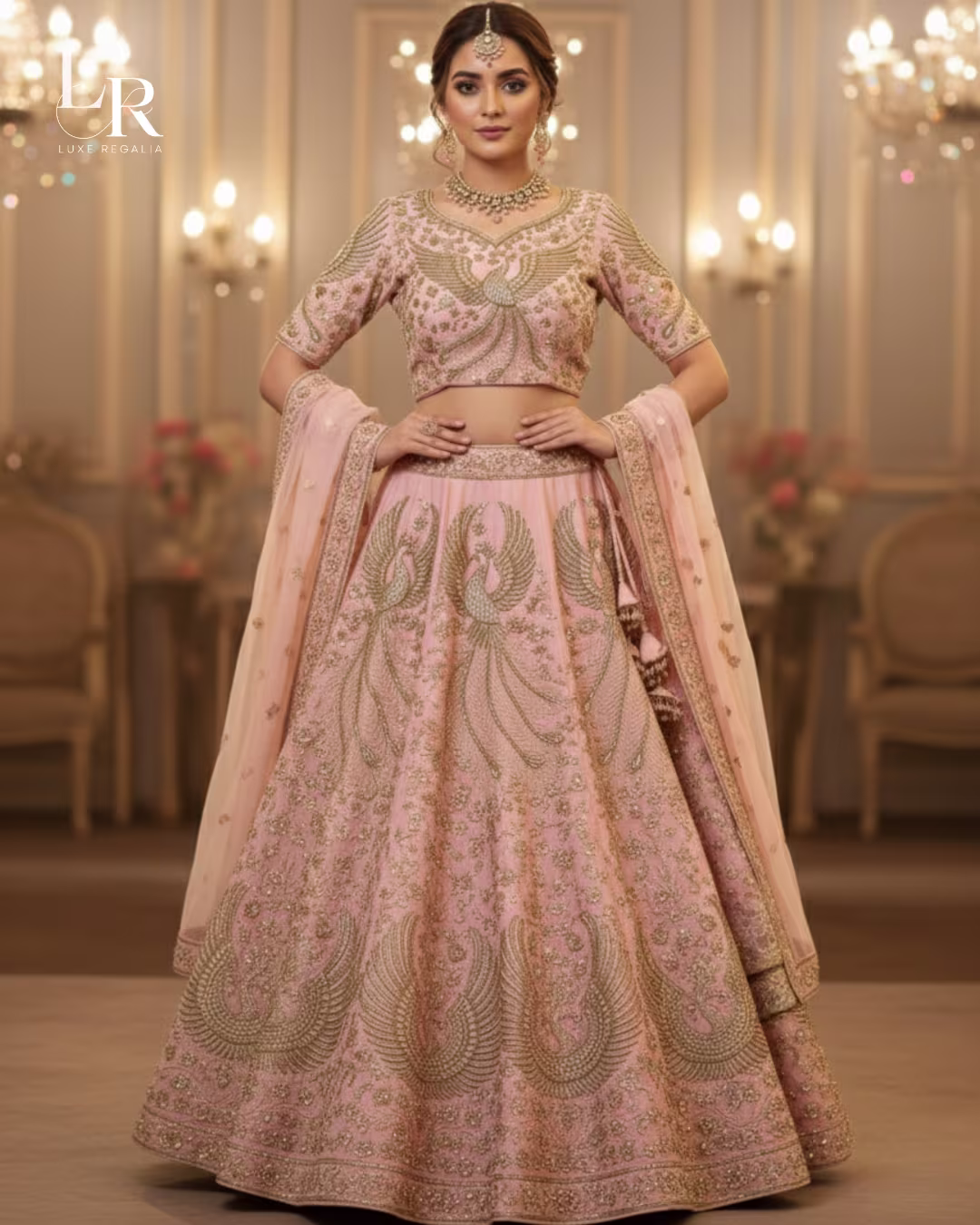 Blush Pink Phoenix & Floral Embroidered Bridal Lehenga Chol 003
