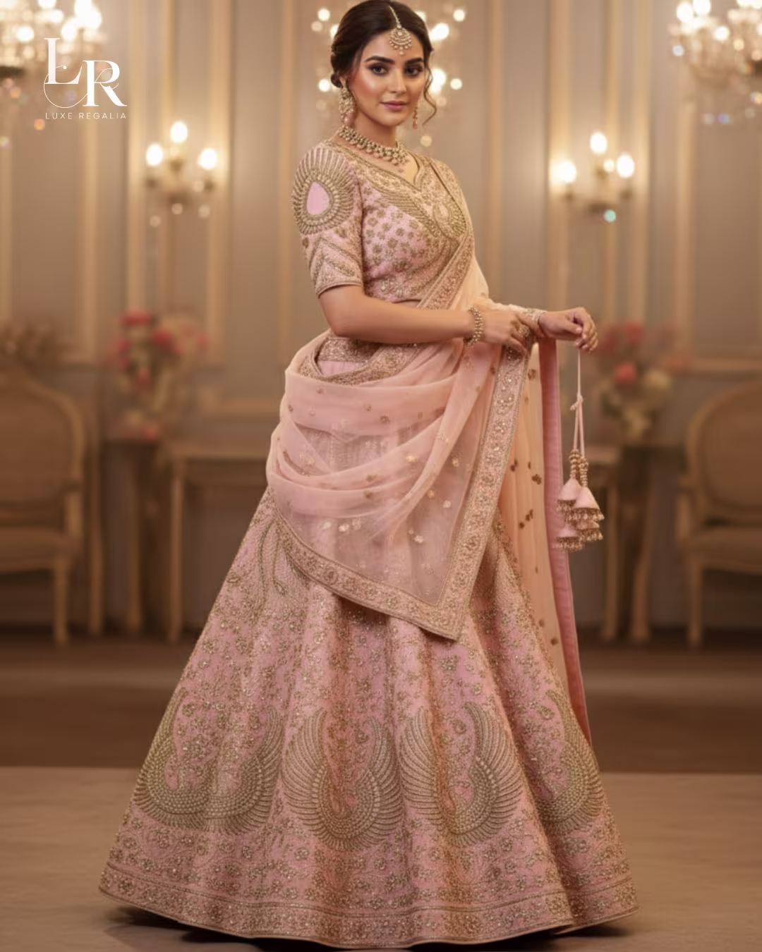 Blush Pink Phoenix & Floral Embroidered Bridal Lehenga Choli 001