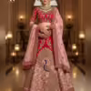 Crimson Red & Blush Pink Hand-Embroidered Peacock Lehenga Choli