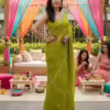 Lime Green Floral Embroidered Georgette Saree