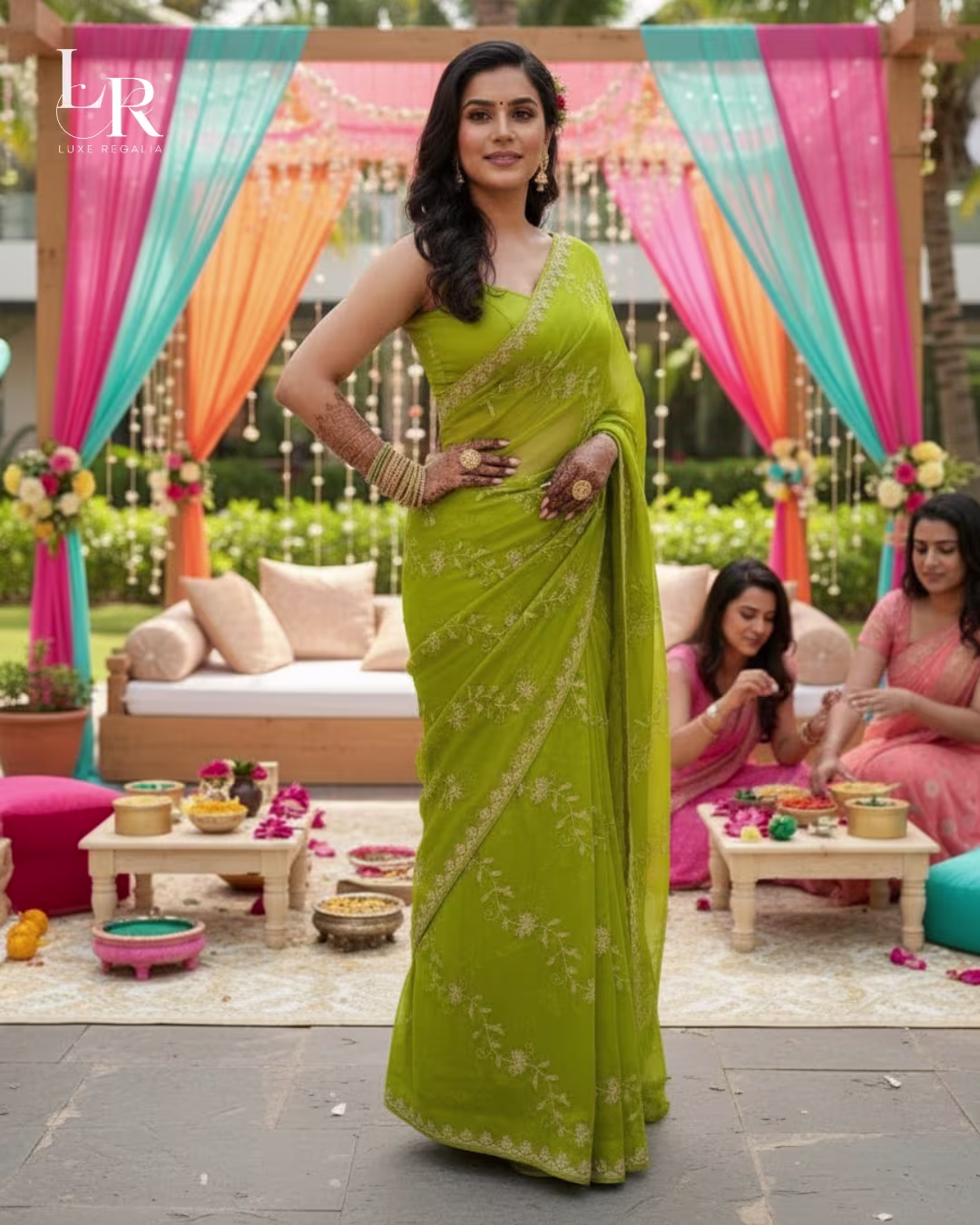 Lime Green Floral Embroidered Georgette Saree 001 Lime Green Floral Embroidered Georgette Saree