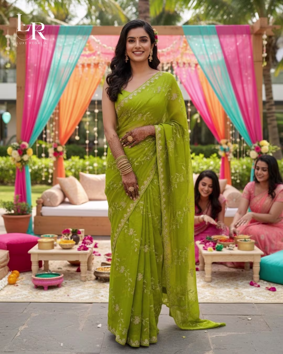 Lime Green Floral Embroidered Georgette Saree 002