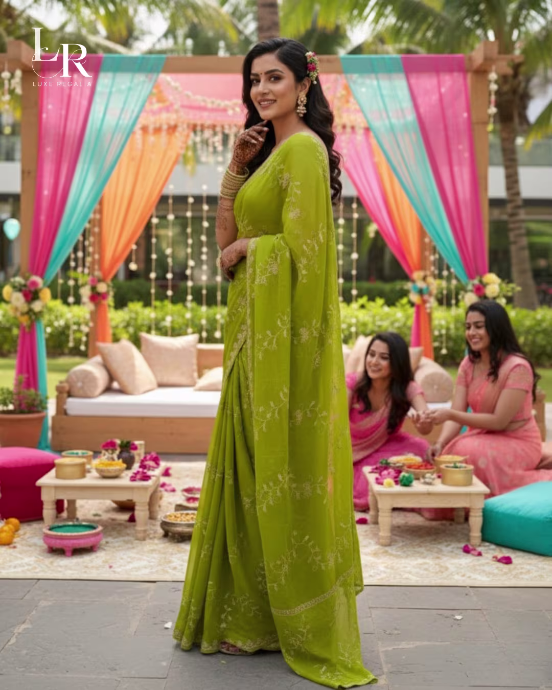 Lime Green Floral Embroidered Georgette Saree 003