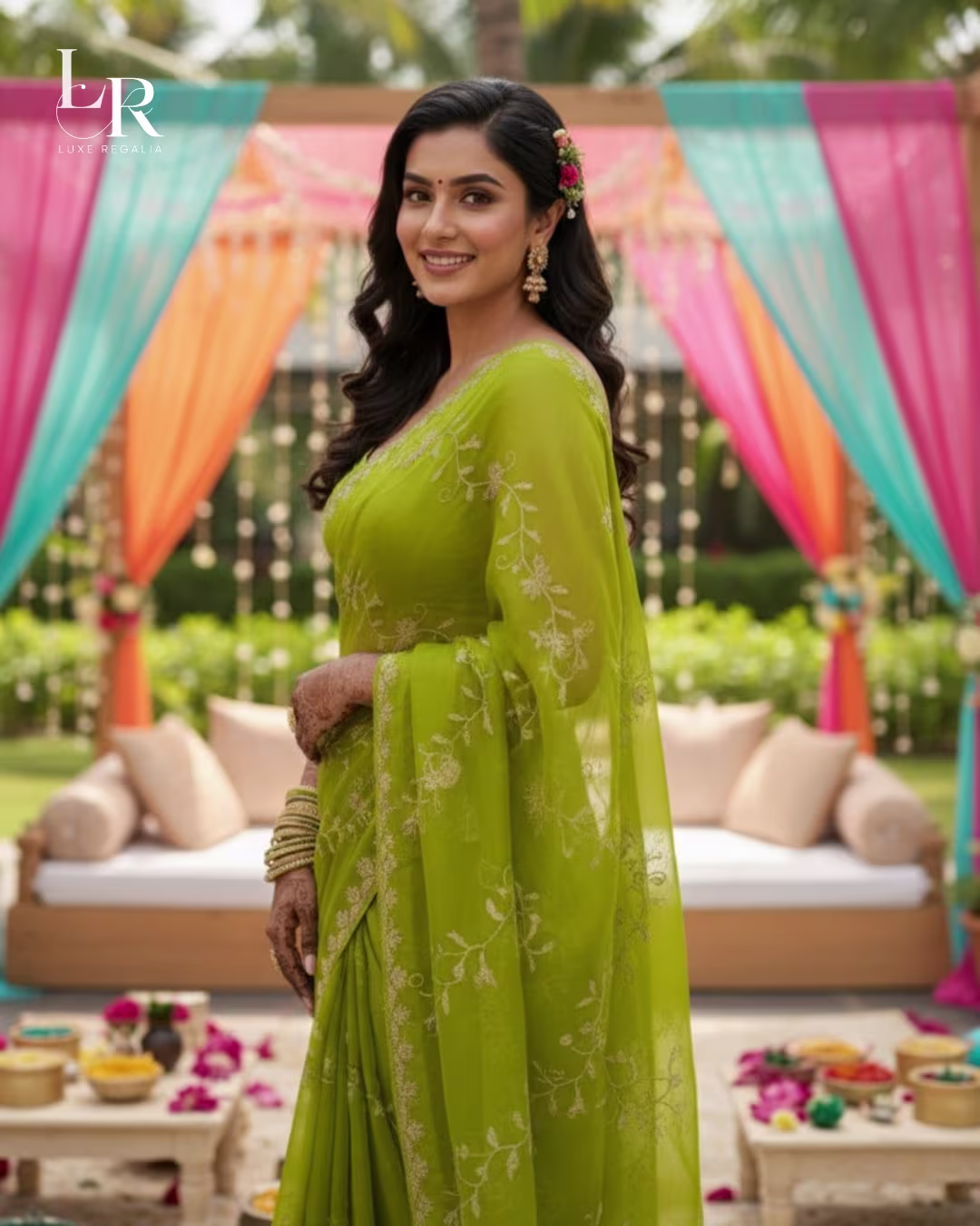 Lime Green Floral Embroidered Georgette Saree 004