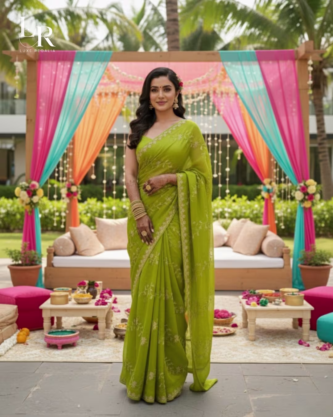 Lime Green Floral Embroidered Georgette Saree 005
