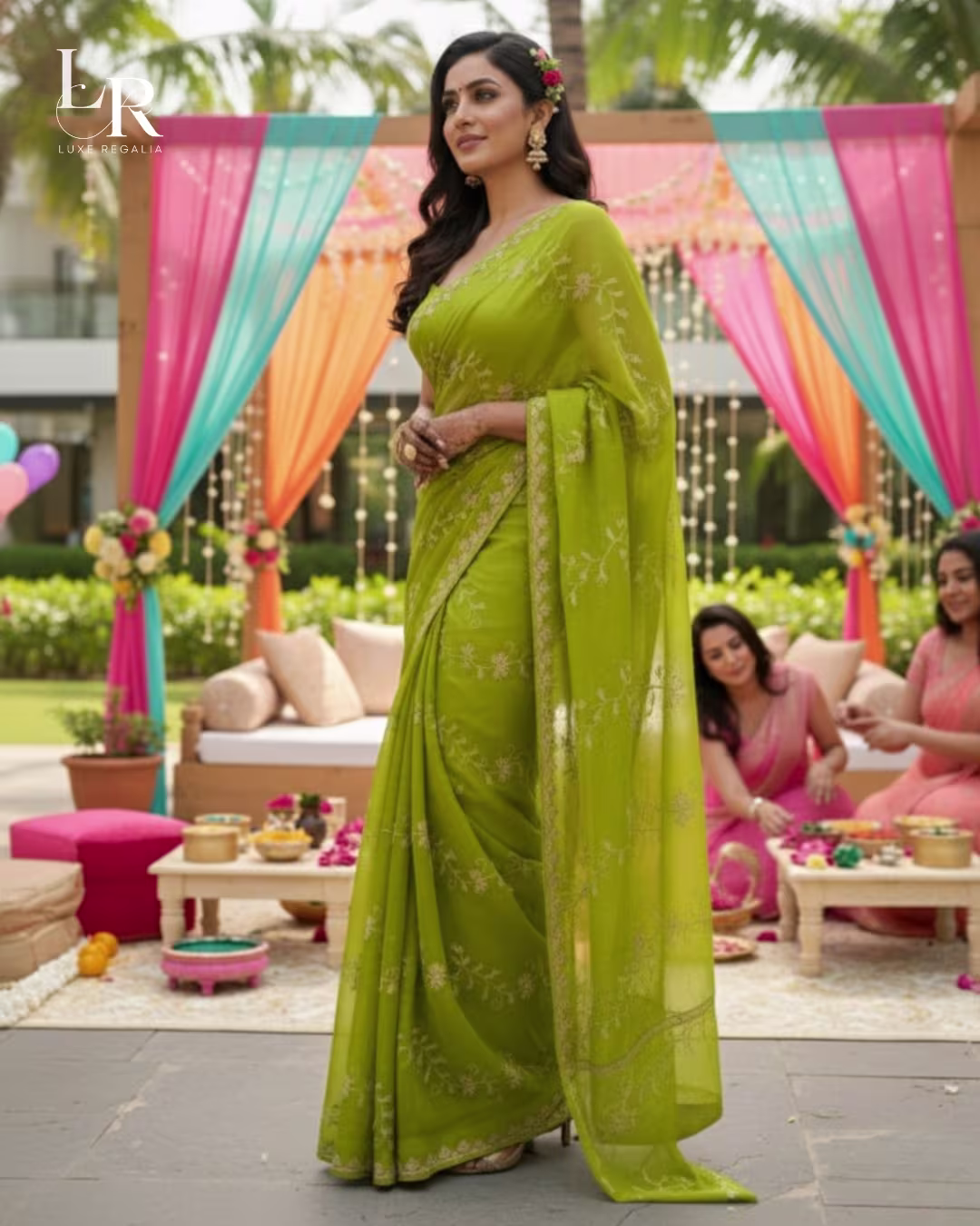 Lime Green Floral Embroidered Georgette Saree 006